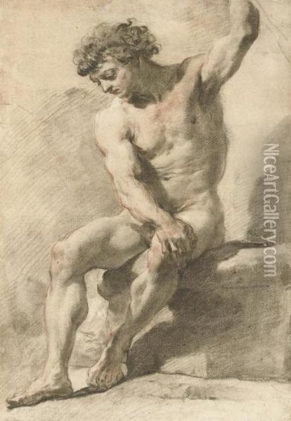 A Seated Academic Male Nude, His Left Arm Raised Oil Painting - Gaetano Gandolfi