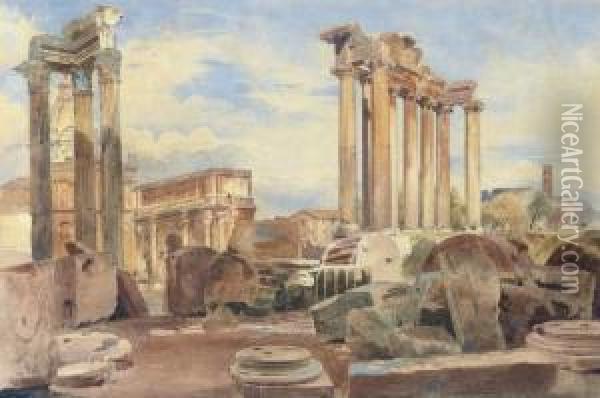 The Arch Of Septimius Severus And The Temple Of Vespasian, Rome, Italy Oil Painting - Thomas Hartley Cromek
