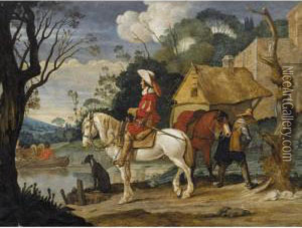River Landscape With Cavaliers Waiting For A Ferry Oil Painting - Phb Monogrammist