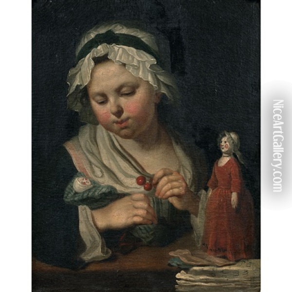 Petite Fille Donnant Des Cerises A Ses Poupees Oil Painting - Michel Honore Bounieu