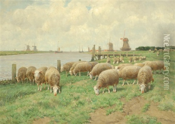 Sheep Grazing By A River With Windmills In The Background Oil Painting - Frans Van Leemputten