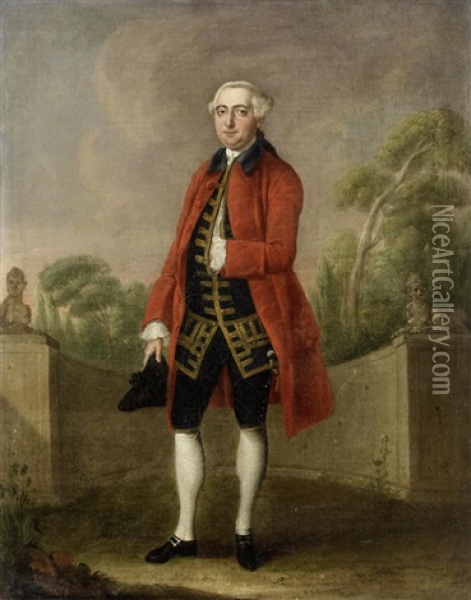 Portrait Of A Gentleman, Full-length, Standing Before A Garden Oil Painting - Edward Haytley