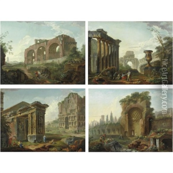 Capriccio Architettonico Con La Basilica Di Costantino (+ 3 Others; 4 Works) Oil Painting - Hubert Robert