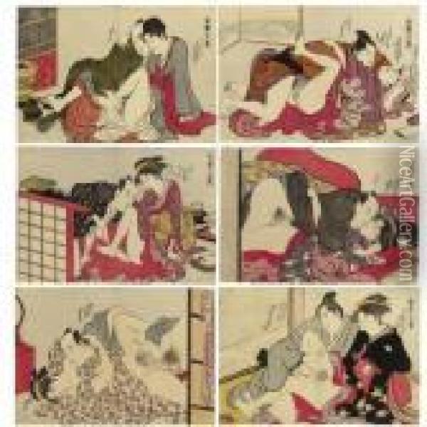 A Complete Shunga Set Entitled ````shikido Juniban' (twelve Scenes Of The Art Of Eros) Oil Painting - Torii Kiyonaga