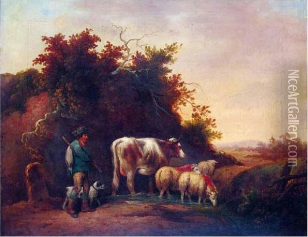 A Drover With Sheep And Cattle Watering In A Stream Oil Painting - George Morland