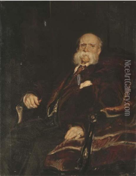 Portrait Of A Gentleman, Three-quarter Length, Seated In A Browncoat Oil Painting - Jacques-Emile Blanche