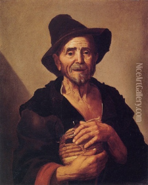 An Old Man Holding A Wine Bottle Oil Painting - Jusepe de Ribera