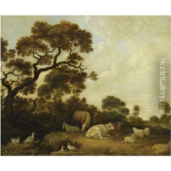 Horses, Cows, A Goat And Sheep In A Wooded Landscape, Near A Pond With Ducks Oil Painting - Gillis Claesz De Hondecoeter