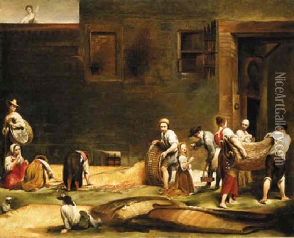 Peasants Making Silk: Carrying And Spreading Cocoons Oil Painting - Giuseppe Maria Crespi
