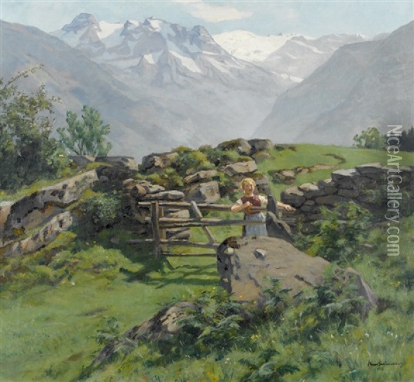 Junge Bauerin Am Alpweg Mit Blick Auf Den Hohen Dachstein Oil Painting - Hans Bachmann