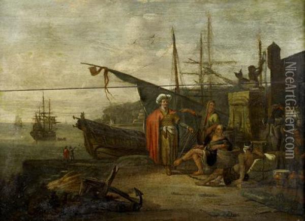 A Mediterranean Harbour With Figures Resting On The Quay; And A Mediterranean Harbour With Figures Around A Campfire Oil Painting - Johannes Lingelbach