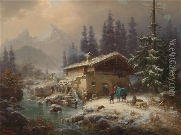 Muhle Im Winterwald Oil Painting - Heinrich Hofer