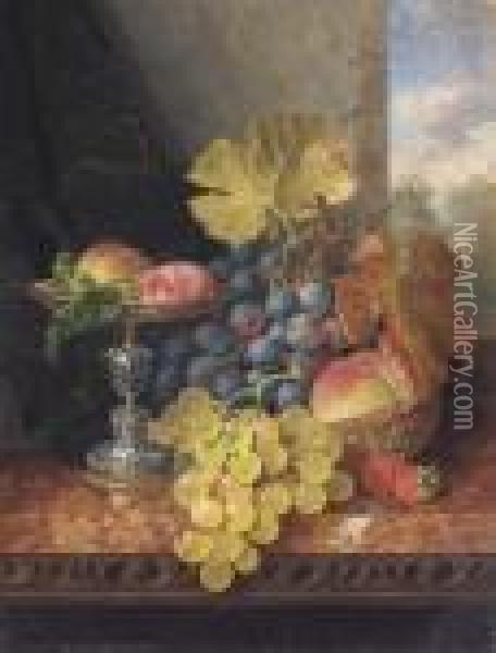 Still Life With Plums In A Silver Tazza Oil Painting - Edward Ladell
