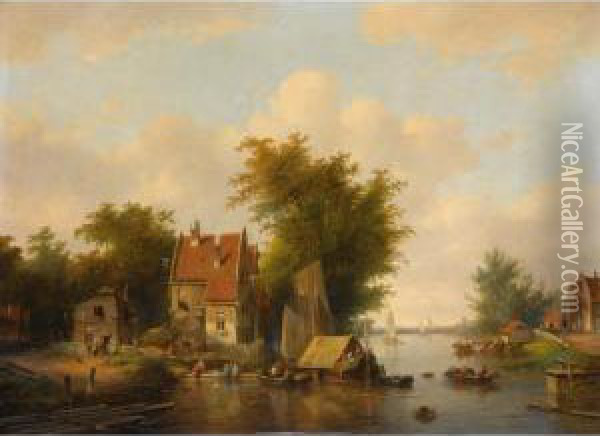 A River Landscape With Many Figures By A Village Oil Painting - Jacobus Van Der Stok