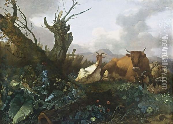 Cow, Goats and Sheep in a Meadow Oil Painting - Willem Romeijn