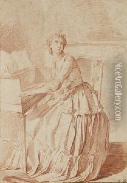A Young Woman Seated At A Harpsichord Oil Painting - Louis Rolland Trinquesse