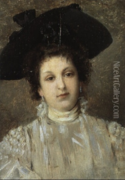 Ritratto Di Signora Con Vestito Bianco E Cappello Nero Oil Painting - Federico Andreotti