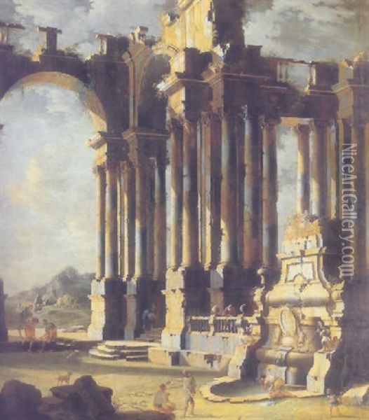 Classical Ruins With Figures Near A Fountain Oil Painting - Leonardo Coccorante