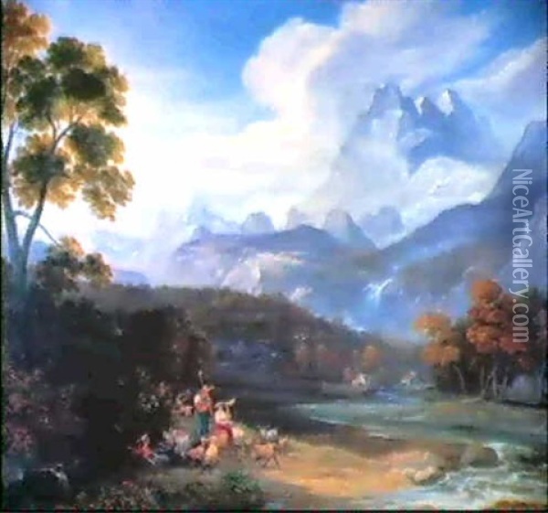Klassische Schweizer Landschaft Mit Dem Mt. Blanc Im        Hintergrund Oil Painting - George Augustus Wallis