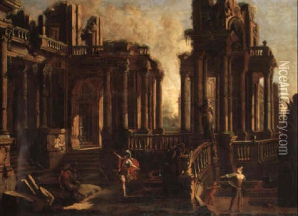 A Classical Ruined Temple With A Satyr, Centurion And A Maiden With Cupid Oil Painting - Giovanni Ghisolfi