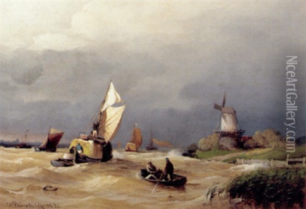 Marine Med Sejlskibe Og Molle Ved En Flodudmunding, Holland Oil Painting - Viggo Fauerholdt