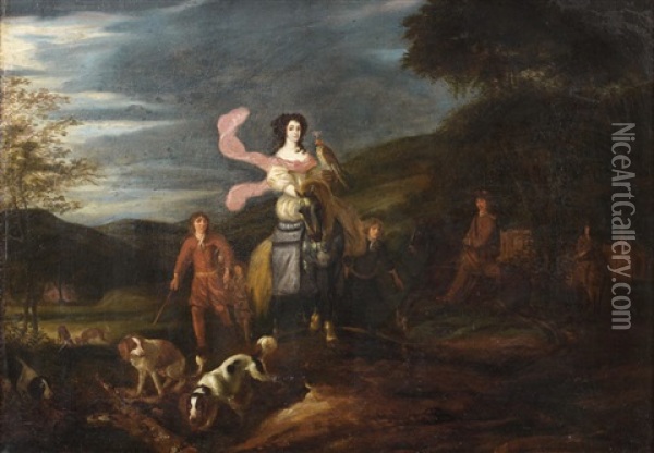 Jeune Femme Chassant Au Faucon Et Entouree De Ses Epagneuls Oil Painting - Adriaen Cornelisz Beeldemaker