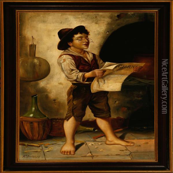 A Boy Reading The Newspaper Oil Painting - Francois Xavier Bricard