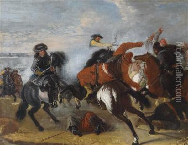 A Mounted Skirmish Oil Painting - Johann Philipp Lembke