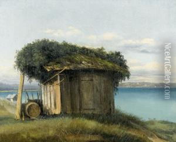 Moosbewachsenes Hauschen An Turkisblauem See. Oil Painting - Jean Philippe George-Juillard