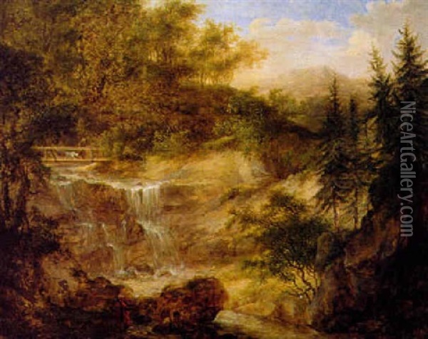 Waldige Gebirgslandschaft Mit Wasserfall Oil Painting - Konrad Huber von Weissenhorn