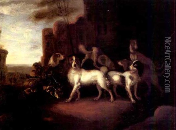 Spaniels And A Hound On A Path With Buildings And Travellers Beyond Oil Painting - Francois Beeldmaker