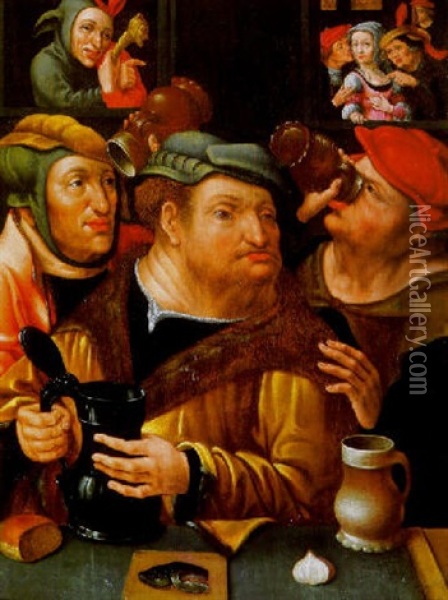 Topers In A Tavern With A Jester Looking On From A Window Oil Painting - Pieter Aertsen