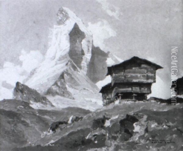 Einsam Gelegene Almhutten Vor Dem Matterhorn Oil Painting - Hans Maurus