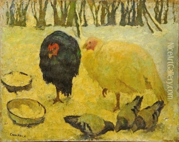 Dindons Et Pigeons Oil Painting - Marcel Couchaux