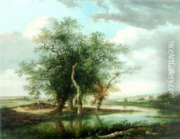 A River Landscape With A Traveller Resting By Trees, Anglers And A Shepherd Beyond Oil Painting - Fredericus Theodorus Renard