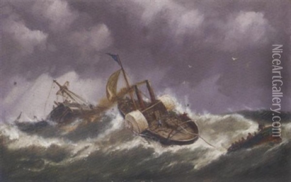 A Paddle Tug Towing The Lifeboat To The Rescue Oil Painting - Richard Henry Nibbs