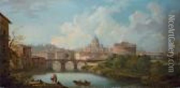 Rome: A View Of The Tiber, With The Castel Sant'angelo And The Basilica Of Saint Peter's Oil Painting - Jean-Baptiste Lallemand