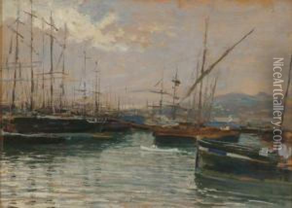 A Busy Port Oil Painting - Giorgio Belloni