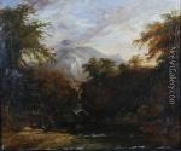 Wooded River Landscape With Figures On The Bank Oil Painting - Thomas Creswick