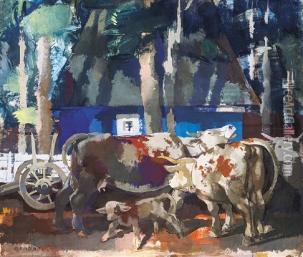Resting Cows Oil Painting - Vilmos Aba-Novak