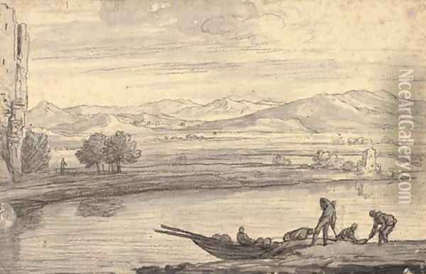 An Italianate landscape with boatmen on a river, ruins to the left Oil Painting - Adrien Manglard