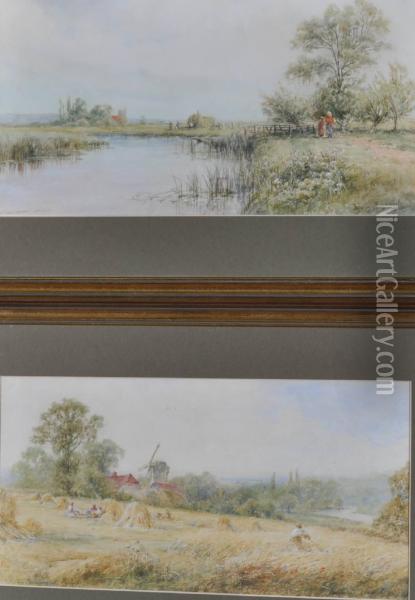 Harvestlandscape And A Rural River Scene Oil Painting - Henry John Kinnnaird