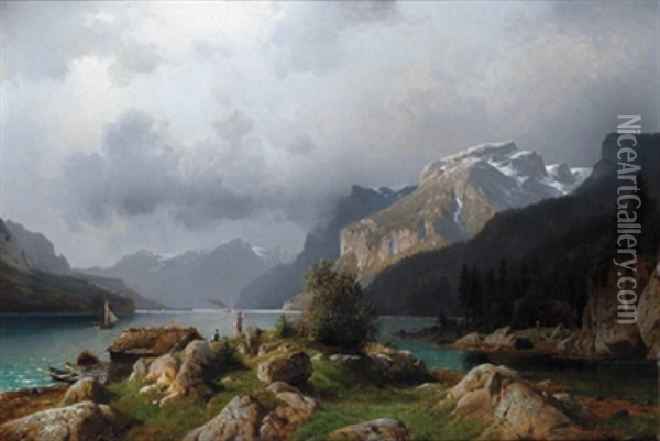 Alpenlandschaft Mit Einem See Oil Painting - Johannes Bartholomaeus Duntze