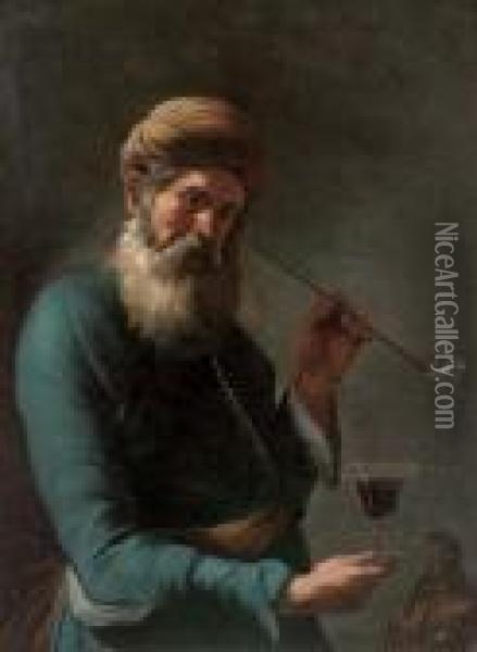 A Bearded Man, 
Three-quarter-length, In Oriental Costume, Smoking A Pipe, A Glass Of 
Wine In His Right Hand Oil Painting - Gregorio Preti