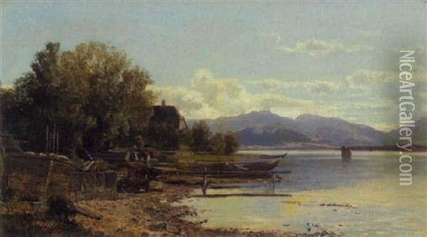 An Einem Gerbrigssee (chiemsee?) Oil Painting - Adolf Gustav Schweitzer