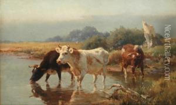 Cattle At The River Oil Painting - H.J. Sheltema