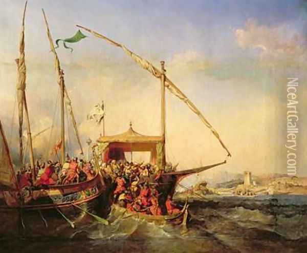 Naval Battle of Imbre in 1346 Oil Painting - Eugene Lepoittevin