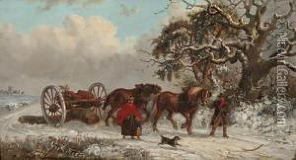 Figures With A Holly Decorated Timber Drag In A Snow Covered Landscape Oil Painting - Thomas Smythe