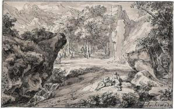 Rocky Italianate Landscape With Figures Resting By A Stream Oil Painting - Abraham Genoels