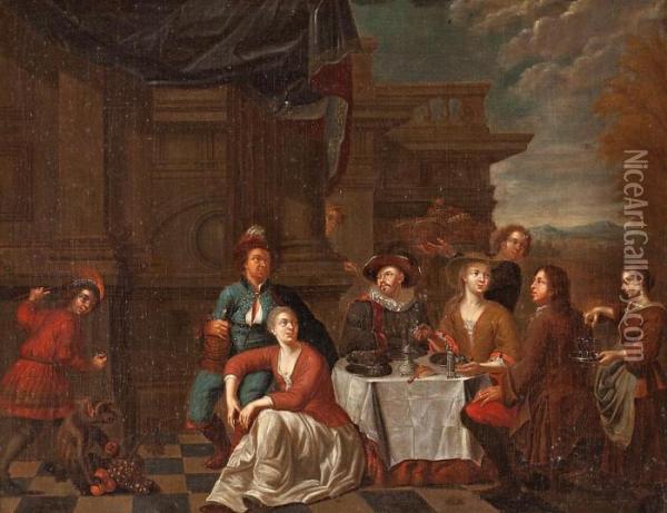 Banquete En Una Terraza Oil Painting - Balthazar Van Den Bossche